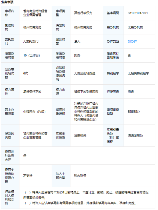 浙江省杭州市商业特许经营备案