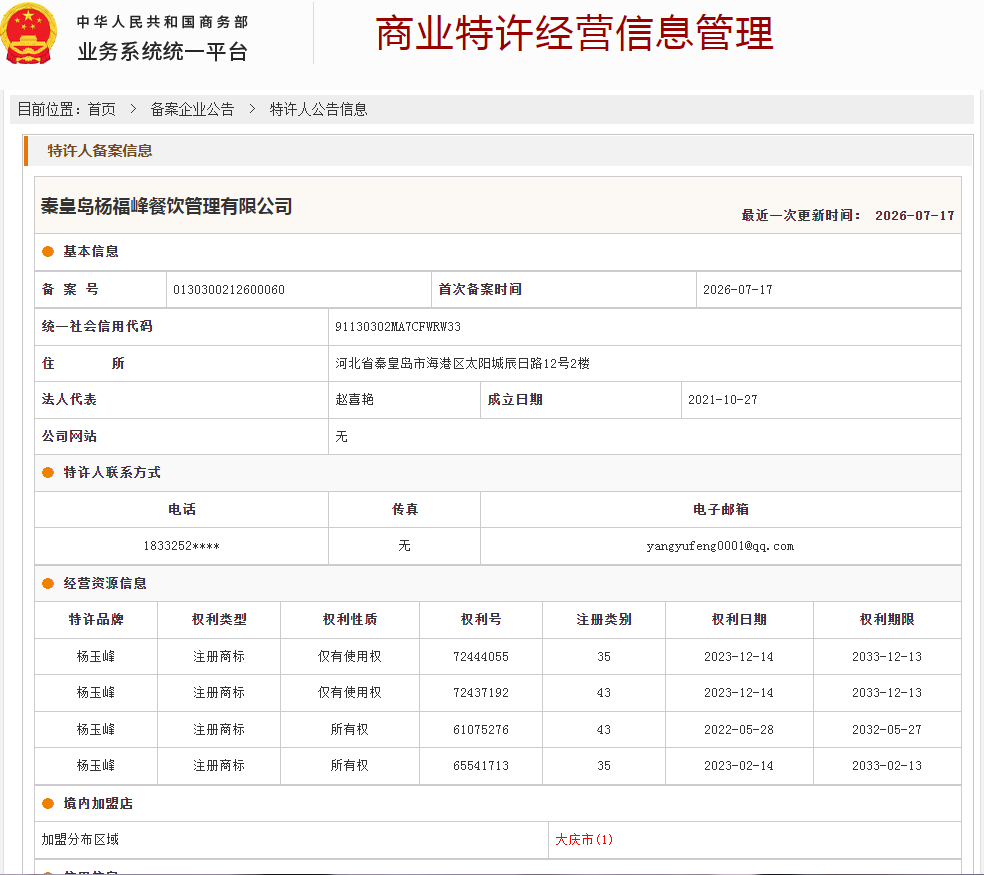 案例分享|一帜企业助力秦皇岛杨福峰餐饮顺利完成特许经营备案!(图1) 案例分享|一帜企业助力秦皇岛杨福峰餐饮顺利完成特许经营备案!(图1)